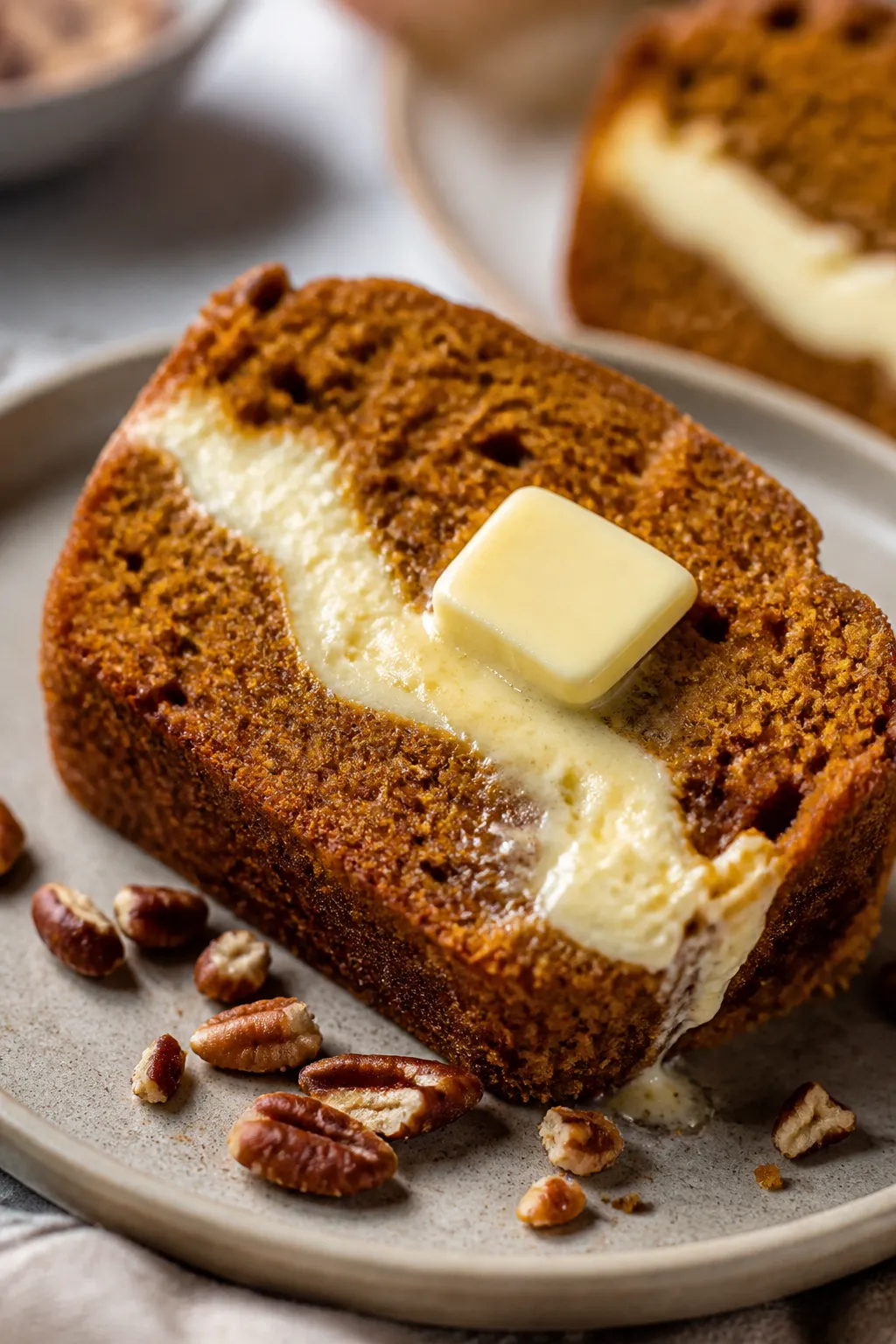 Close-up slice shot of the cooled pumpkin bread on a matte ceramic plate, focusing on the tender, mo