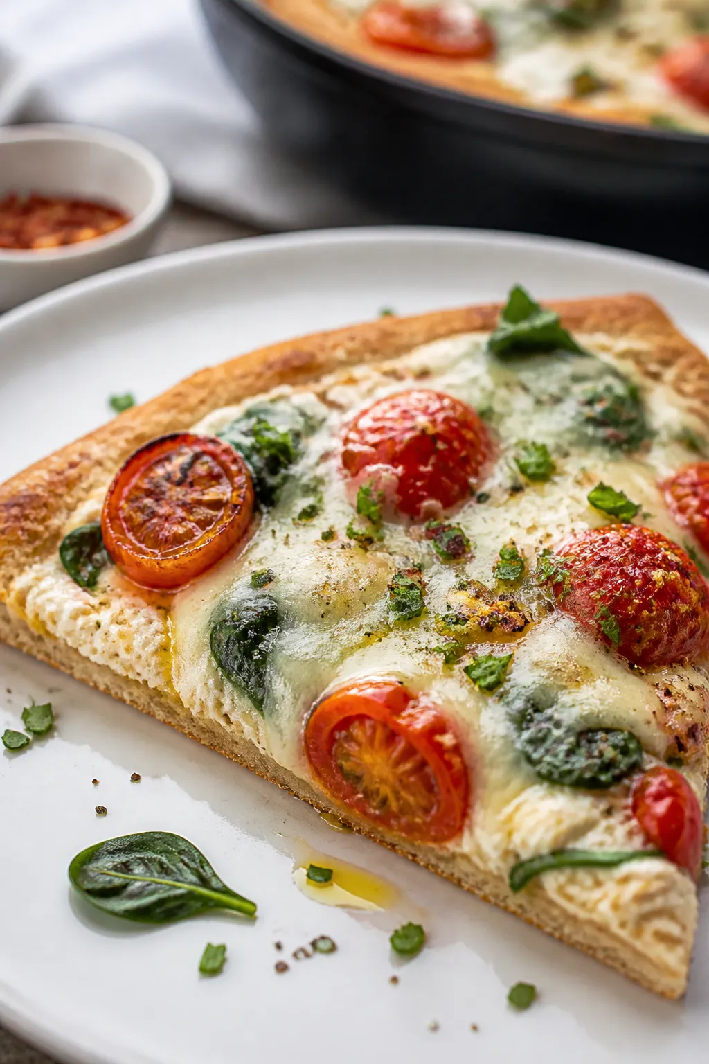 Close-up, three-quarter angle detail of a single plated slice of Cottage Cheese Breakfast Pizza on a