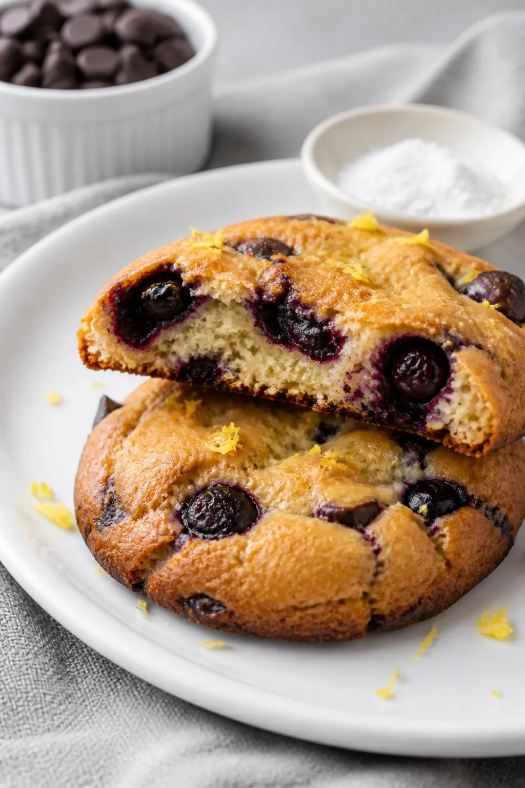 Close-up, three-quarter angle of a plated final presentation: two Keto Blueberry Protein Cookies sta