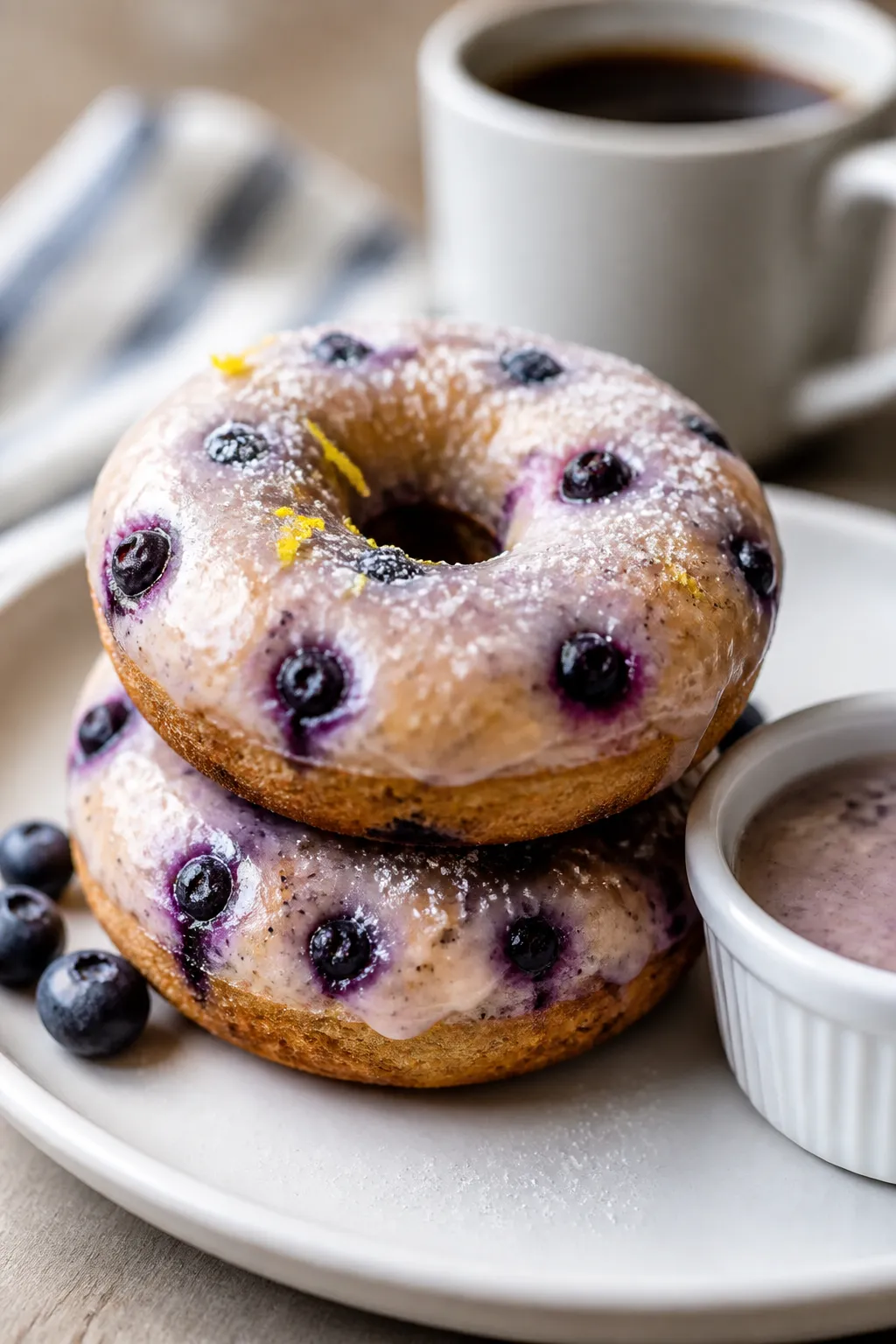 Close-up three-quarter angle of a plated final presentation: two glazed blueberry protein donuts sta