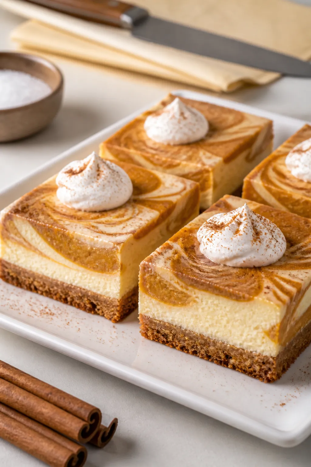 Close-up, three-quarter angle of sliced Low Carb Pumpkin Cheesecake Bars on a matte white rectangula