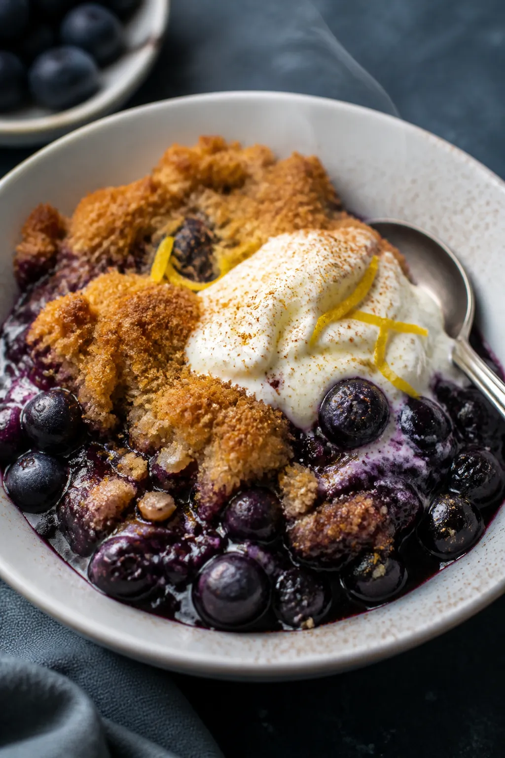 Close-up, three-quarter angle plating of a warm serving of Low Carb Blueberry Cobbler in a shallow w