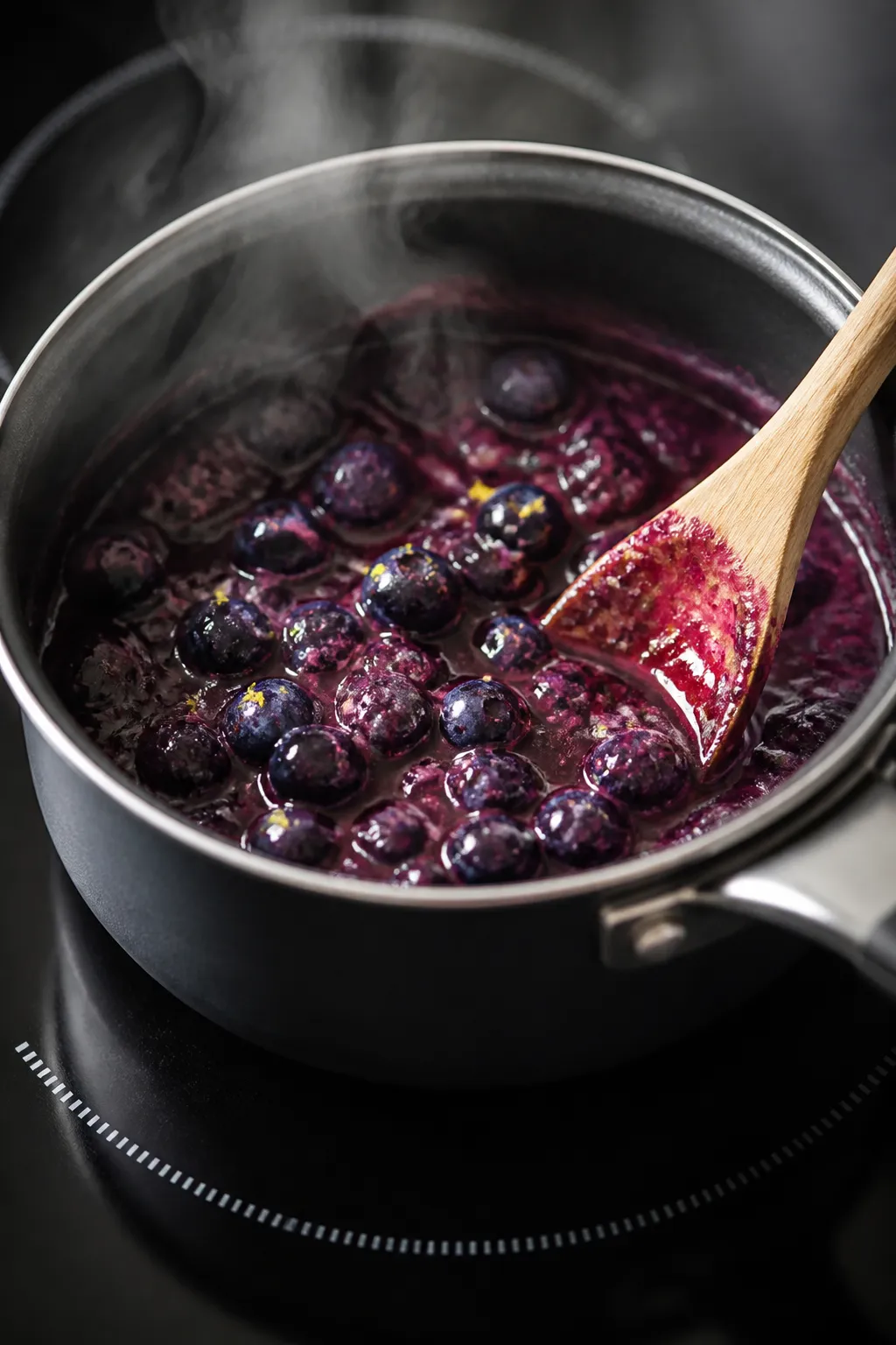 Cooking process: A small saucepan on a matte black induction surface with a glossy, deep-purple keto