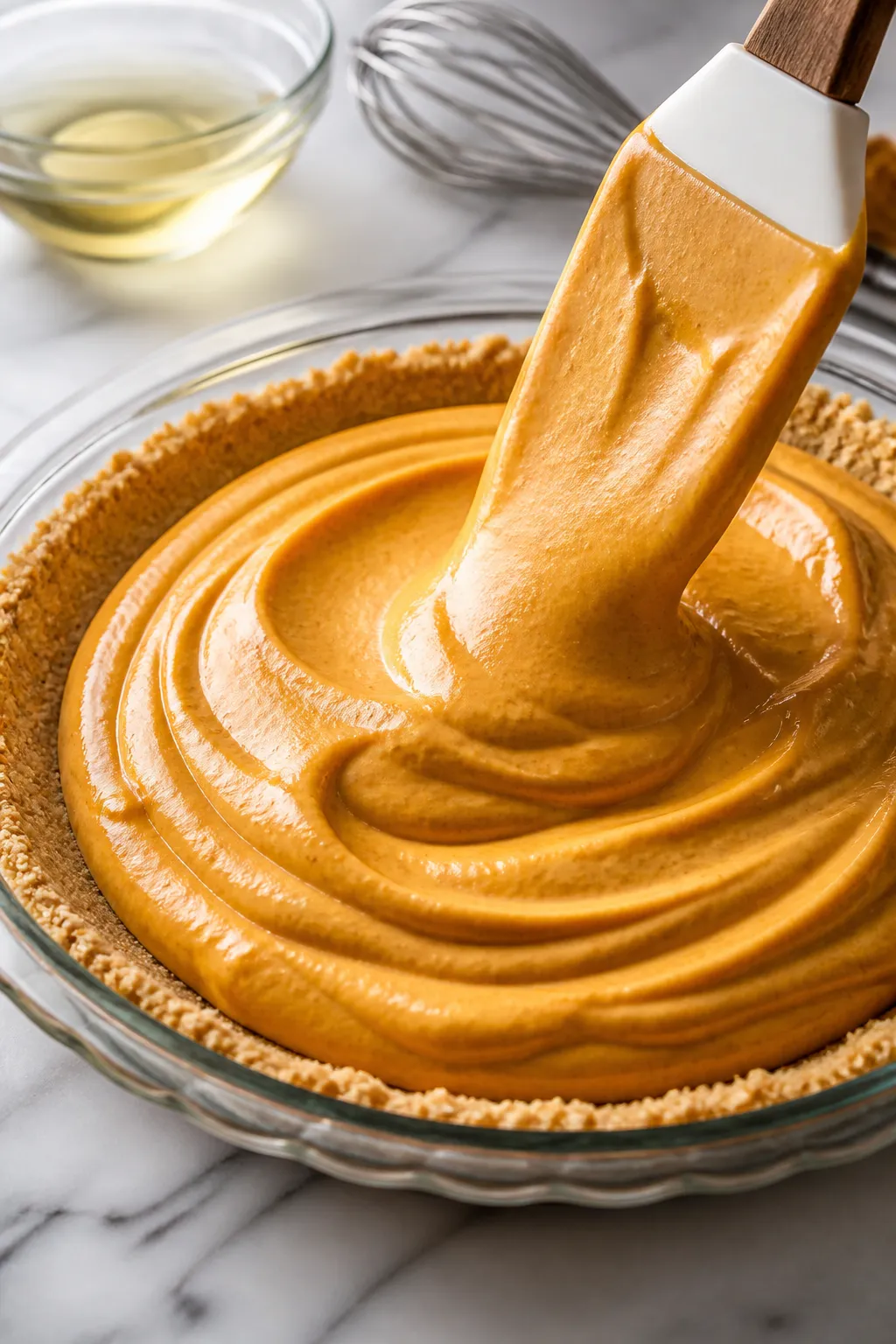 Cooking process close-up: A 9-inch pie plate with a freshly par-baked almond flour crust being fille