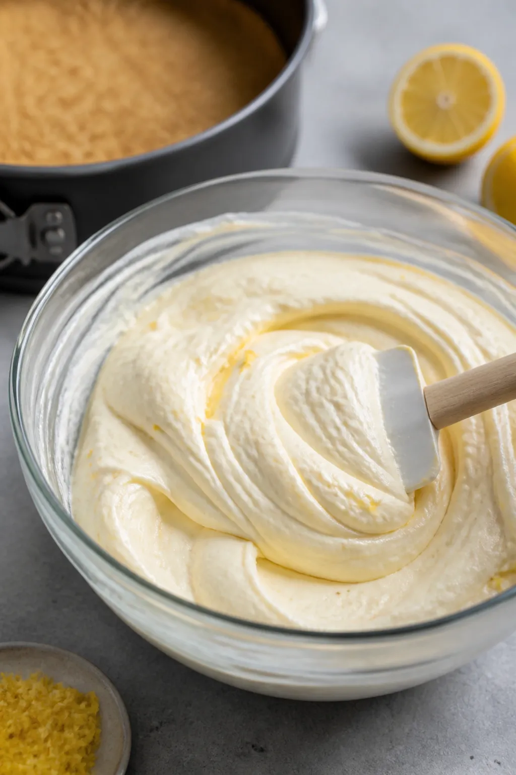 Cooking process close-up: A no-bake keto lemon cheesecake filling being folded together—silky, pal