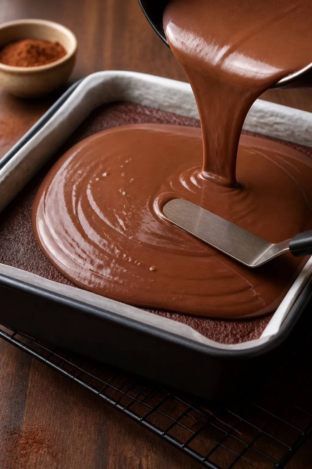 Cooking process close-up: A parchment-lined 8x8 pan just out of the oven with a par-baked chocolate 