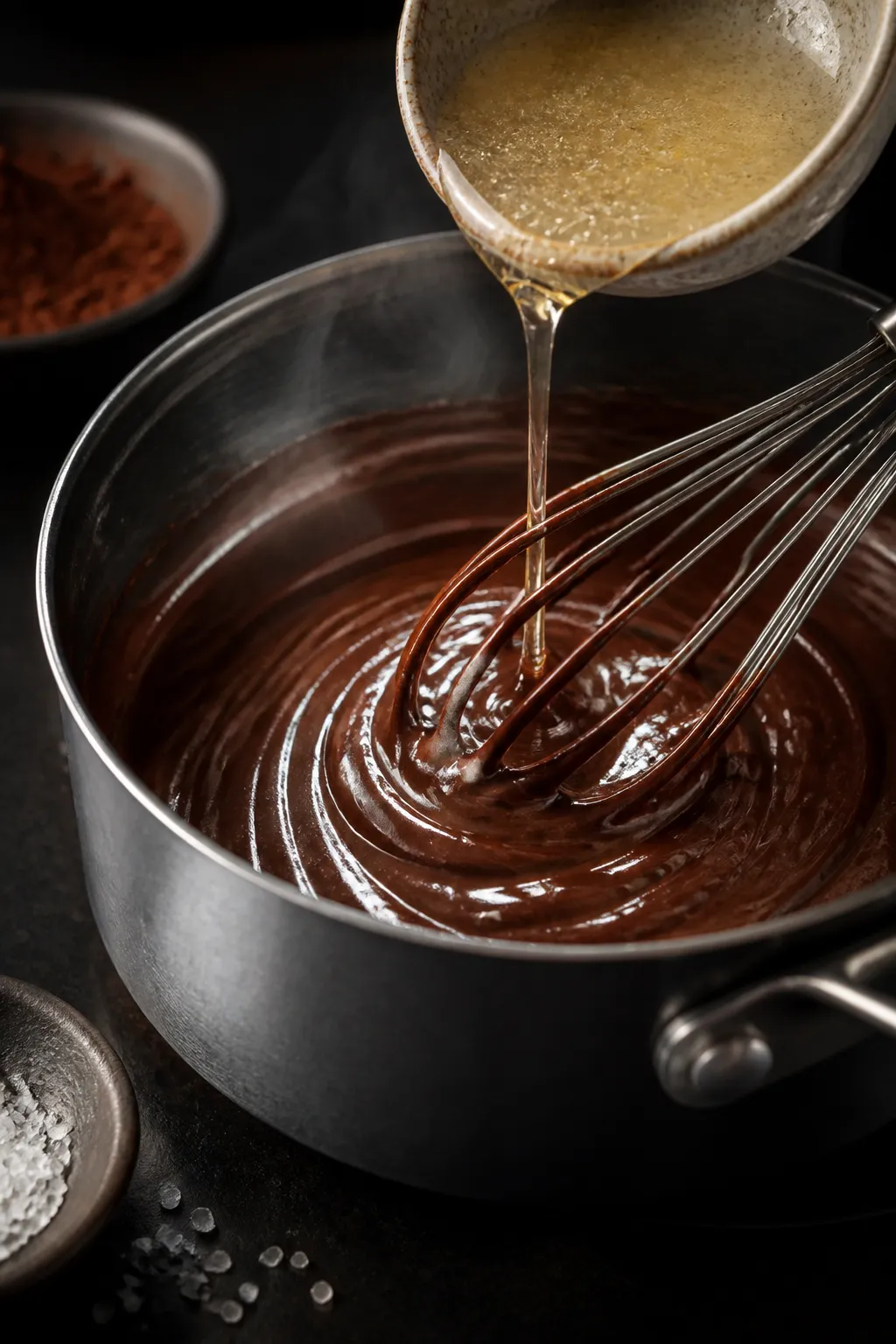 Cooking process close-up: A saucepan of silky keto chocolate pudding just off the heat, glossy and t