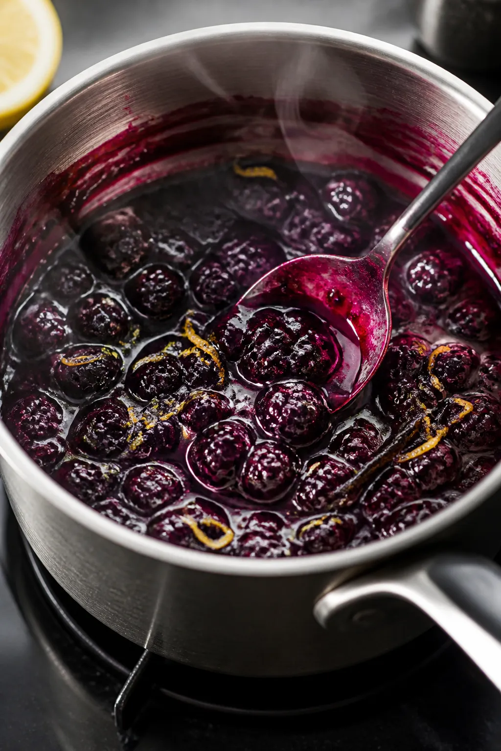 Cooking process close-up: Blueberry compote simmering in a small stainless saucepan, berries burst a