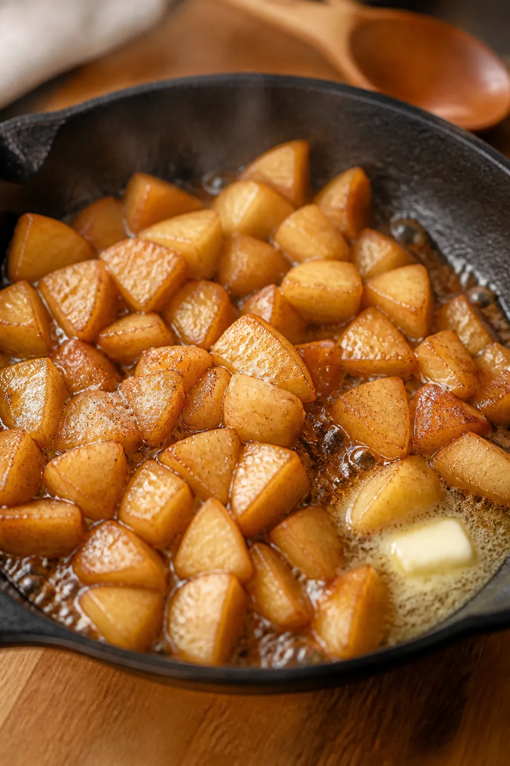 Cooking process close-up: Cinnamon-glazed apple cubes sizzling in a black skillet, lightly bubbling 