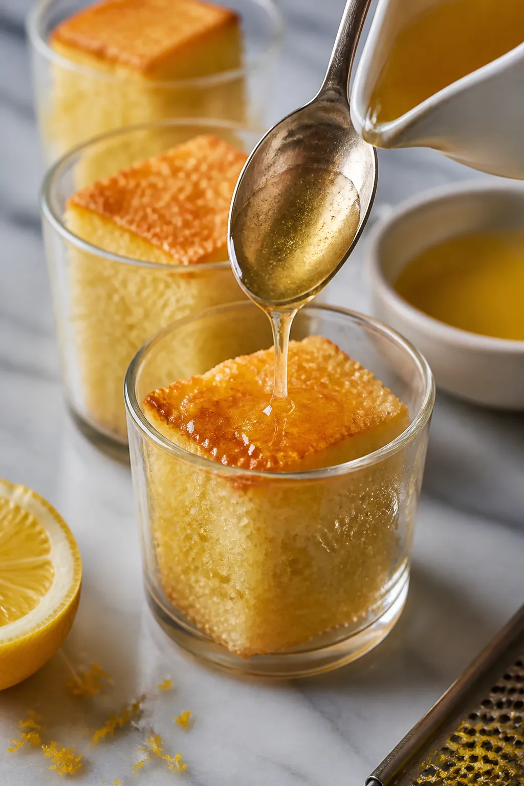 Cooking process close-up: Cubes of freshly baked almond flour sponge being gently drizzled with glos