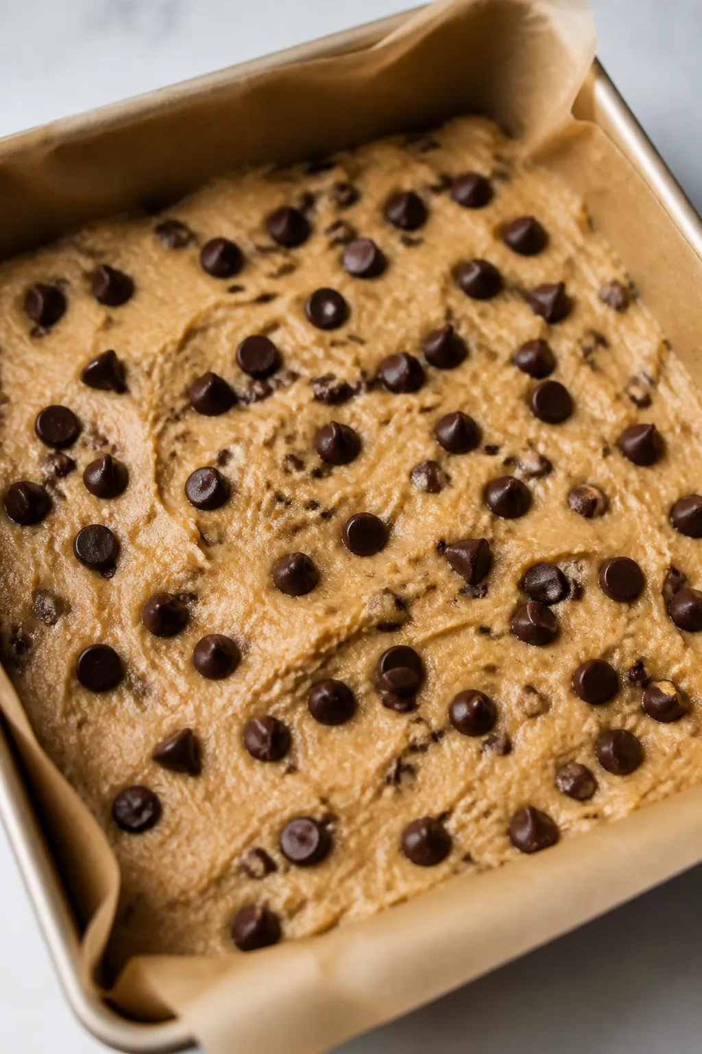 Cooking process, close-up detail: A parchment-lined 8x8-inch pan filled edge-to-edge with freshly pr