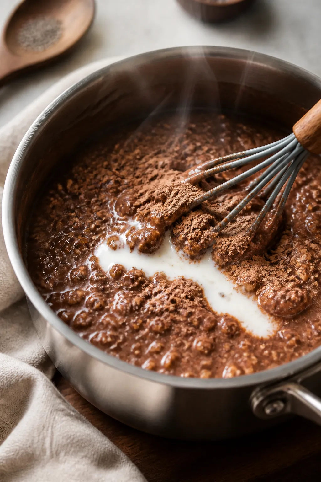 Cooking process, close-up detail: A small saucepan of chocolate protein oatmeal at the glossy simmer