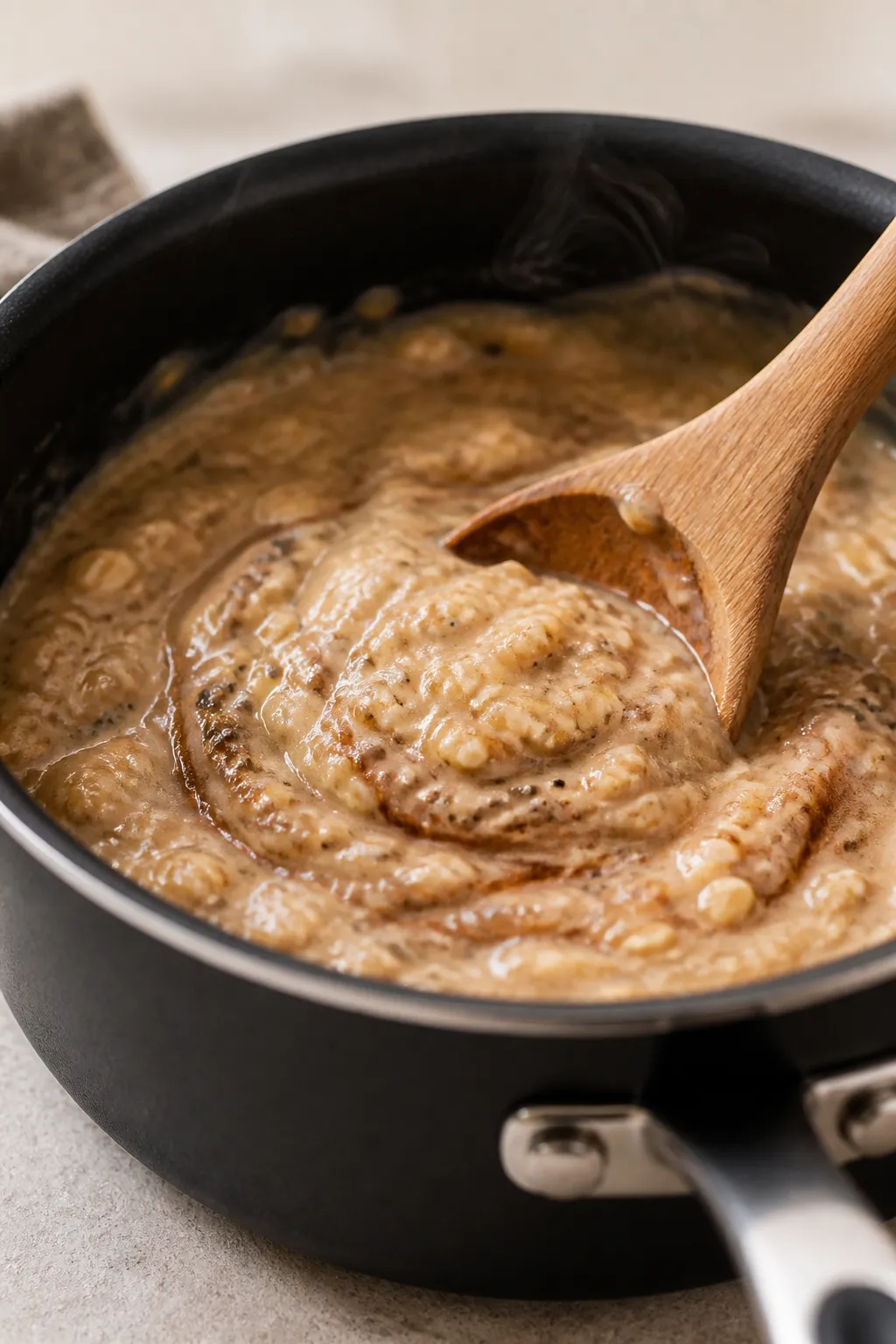 Cooking process, close-up detail: Creamy banana oatmeal simmering in a small nonstick saucepan over