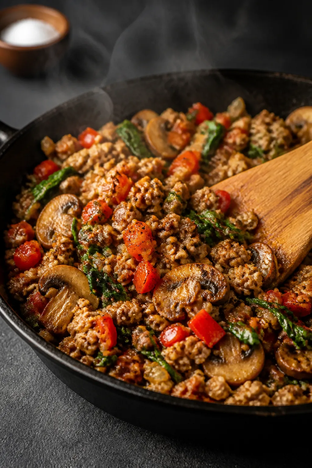 Cooking process, close-up detail: Sizzling skillet of browned ground turkey folded with sautéed dic