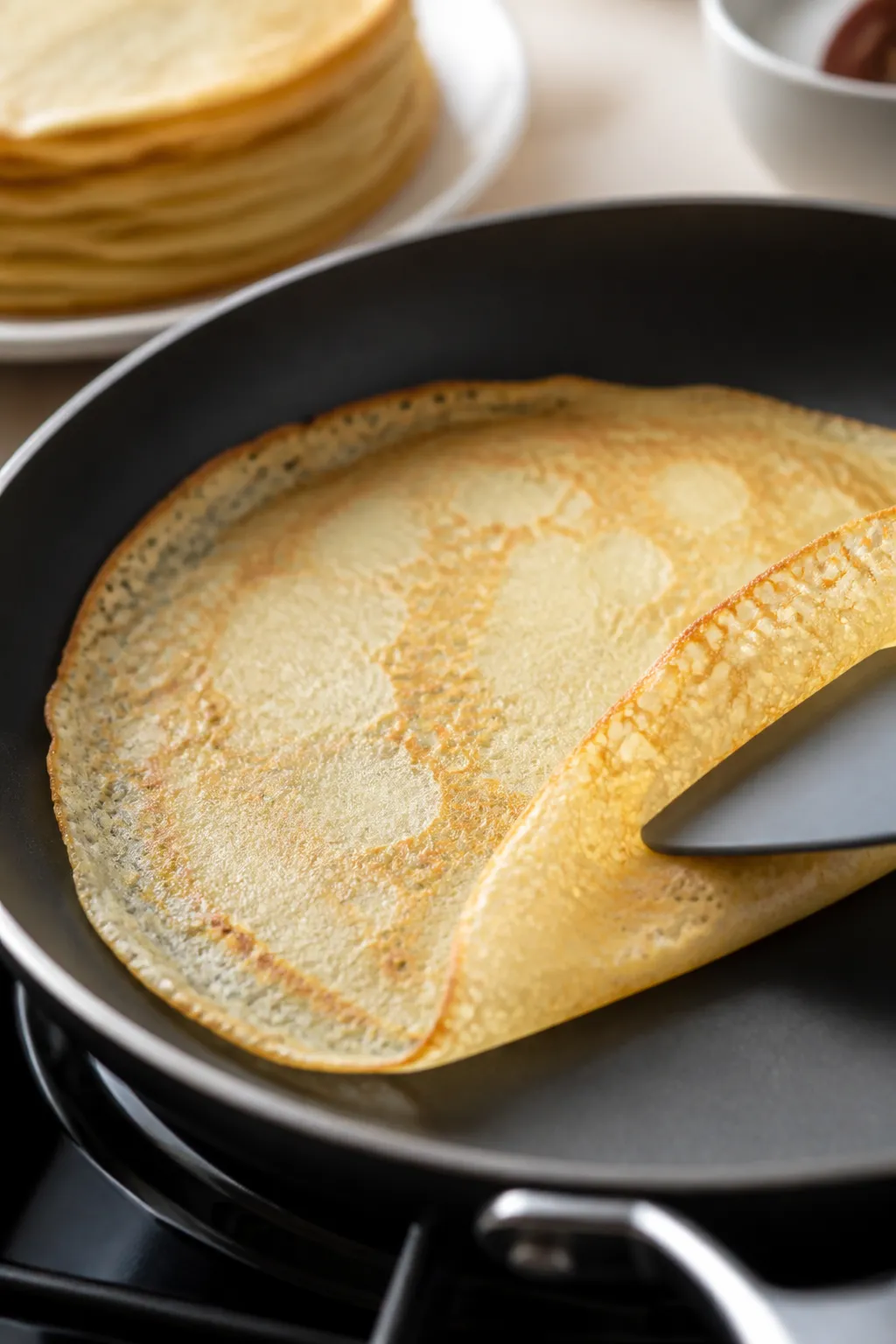 Cooking process, close-up detail: Thin almond flour crepe being swirled in a small nonstick skillet 