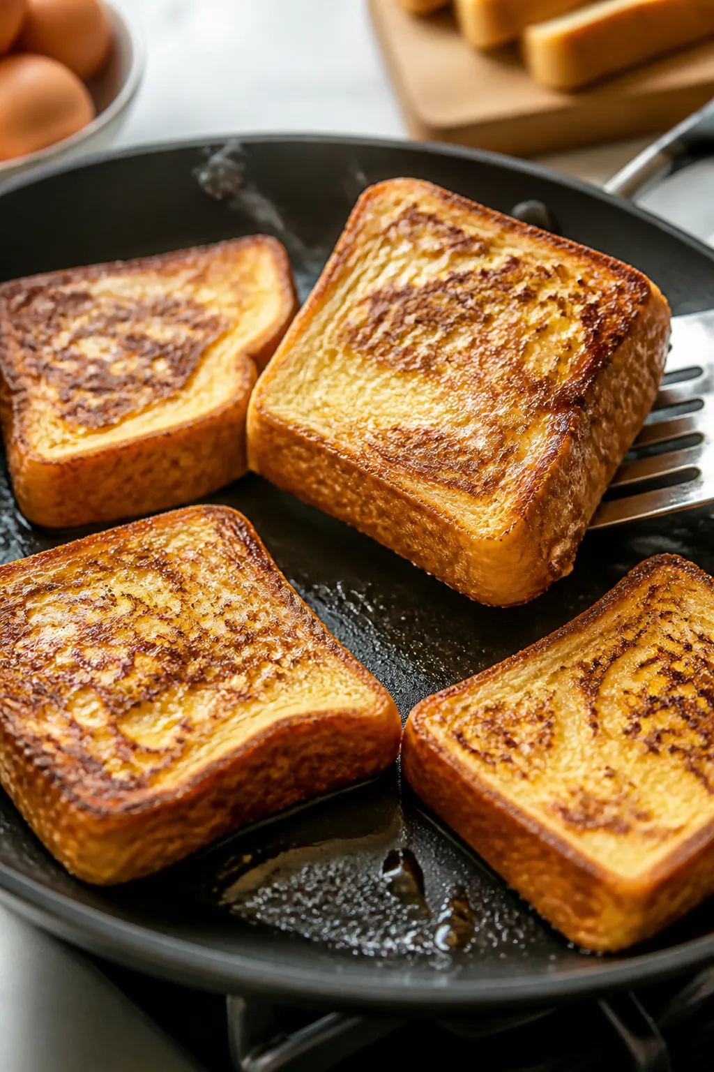 Cooking process close-up: Golden, protein French toast slices sizzling on a nonstick skillet over me