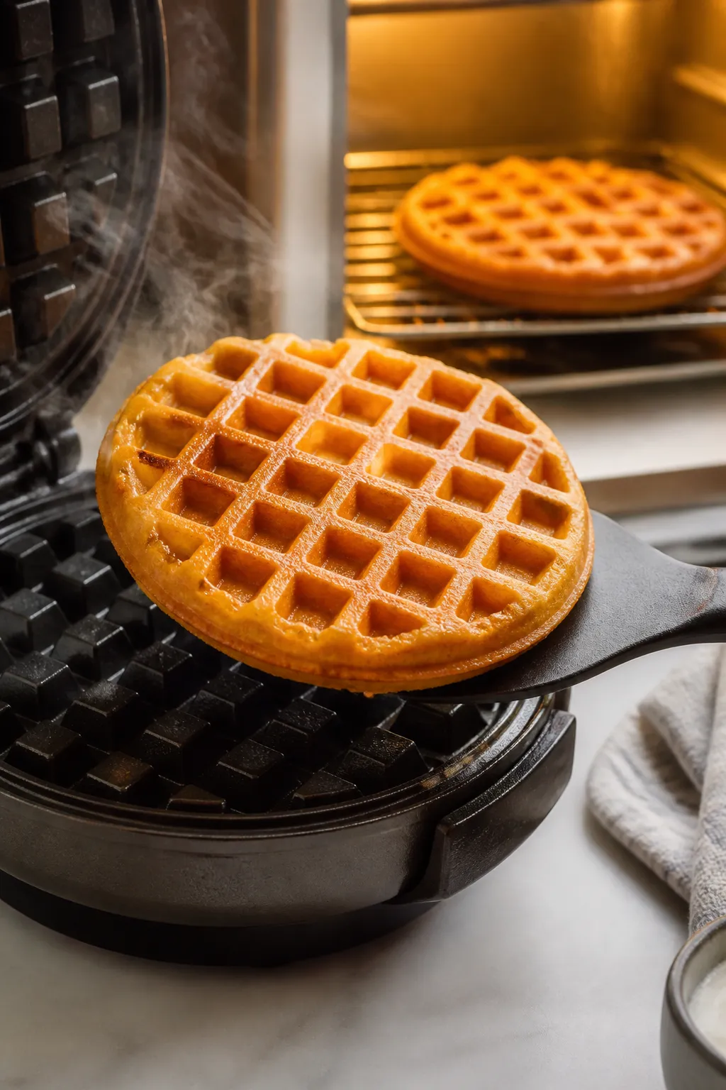 Cooking process close-up: Golden protein waffle lifting from a hot waffle iron as steam subsides, cr