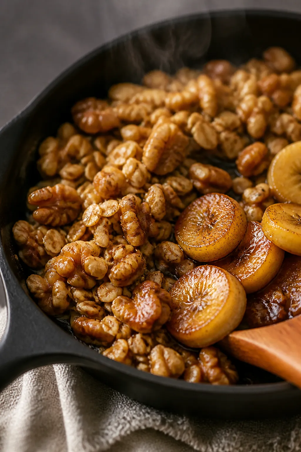 Cooking process close-up: In a small matte-black skillet, golden-toasted quick oats and chopped waln