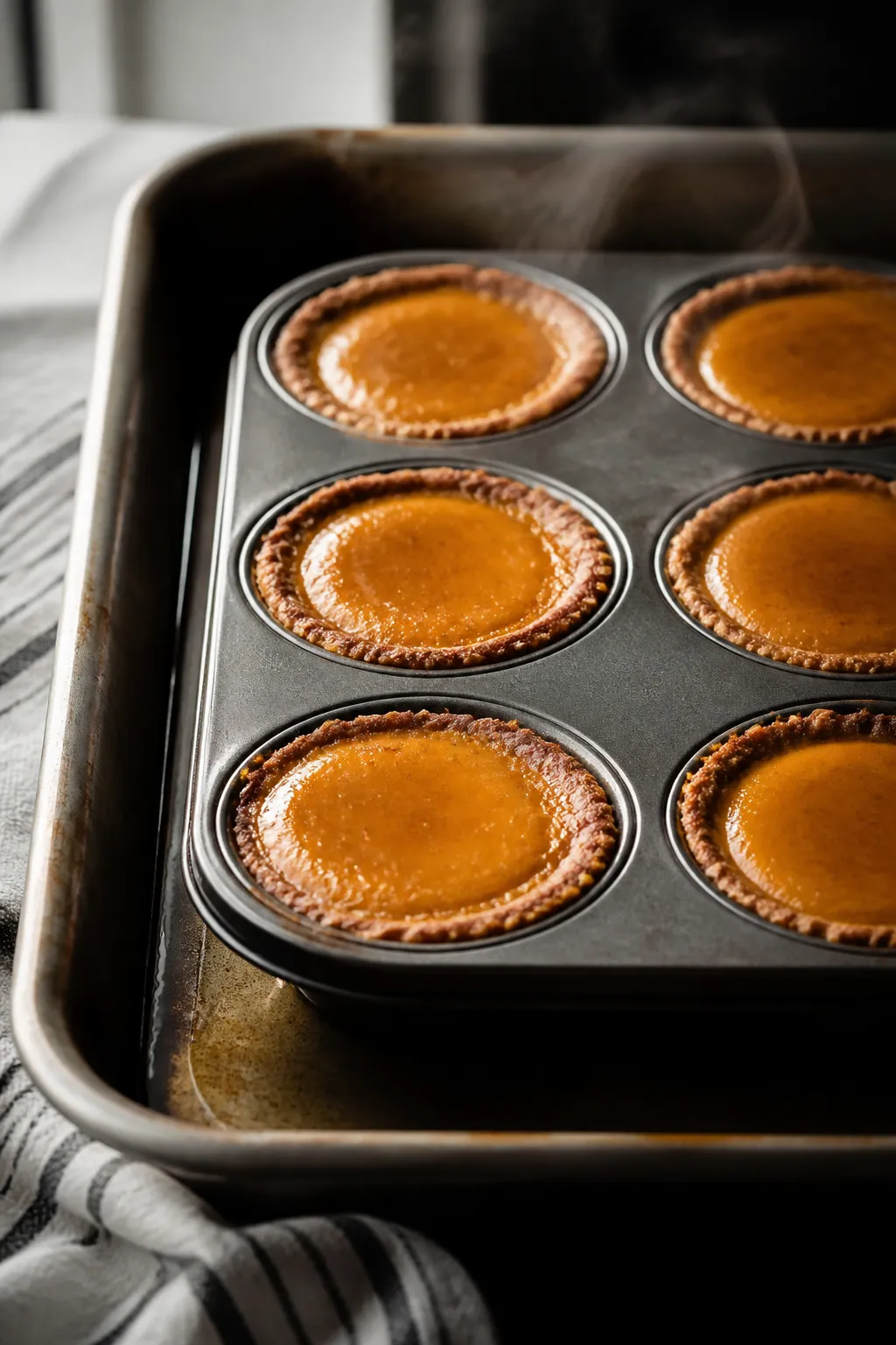 Cooking process close-up: Low Carb Pumpkin Pie Cups baking in a greased muffin tin set inside a rimm