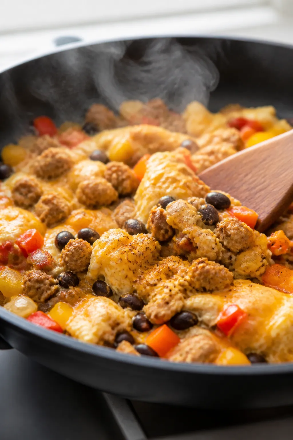 Cooking process close-up: Nonstick skillet scene with fluffy egg whites just set and stirred togethe