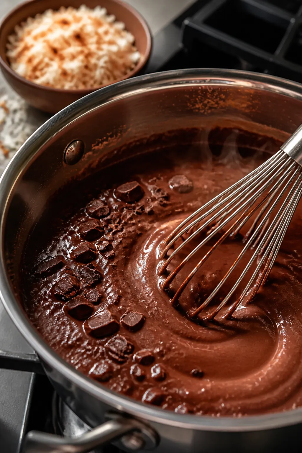 Cooking process close-up: Silky chocolate coconut custard being whisked in a saucepan just after tem
