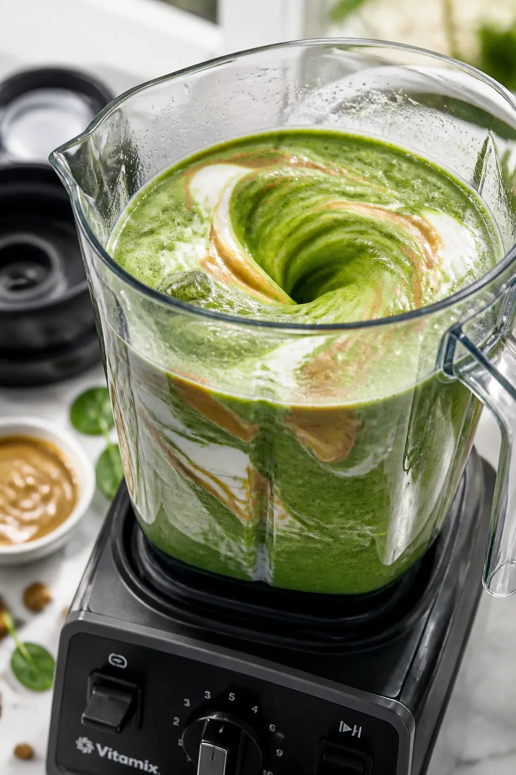 Cooking process close-up: Silky green smoothie mid-blend in a clear high-speed blender jar, vivid sp