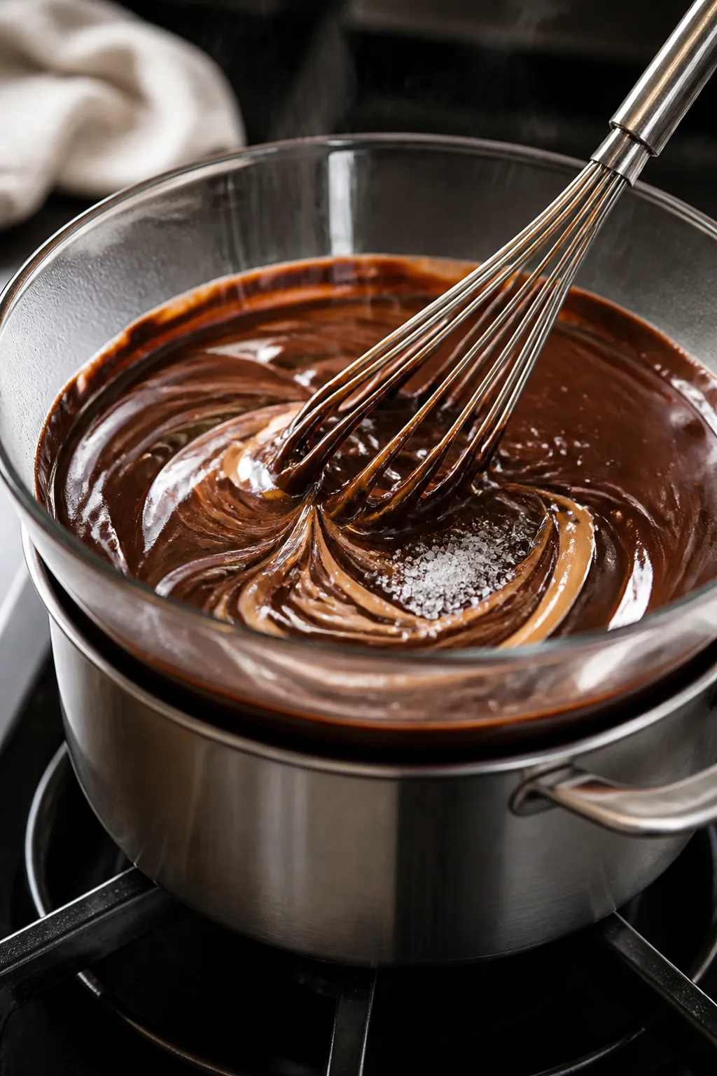 Cooking process close-up: Silky low-carb chocolate fudge mixture melting in a heatproof bowl over a 