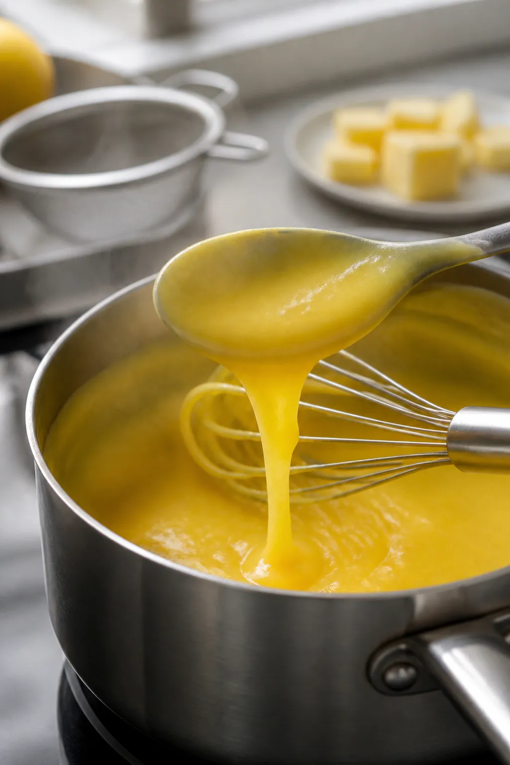 Cooking process close-up: Silky low carb lemon curd thickening over low heat in a small saucepan, ca