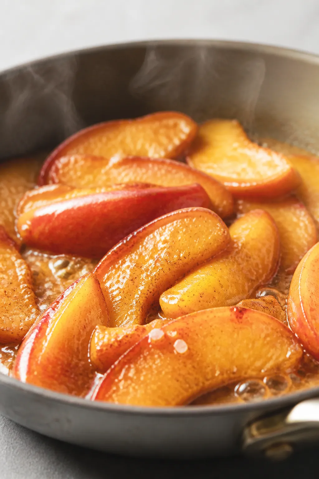 Cooking process close-up: Sliced peaches sizzling in a small skillet, coated in glossy maple-honey s