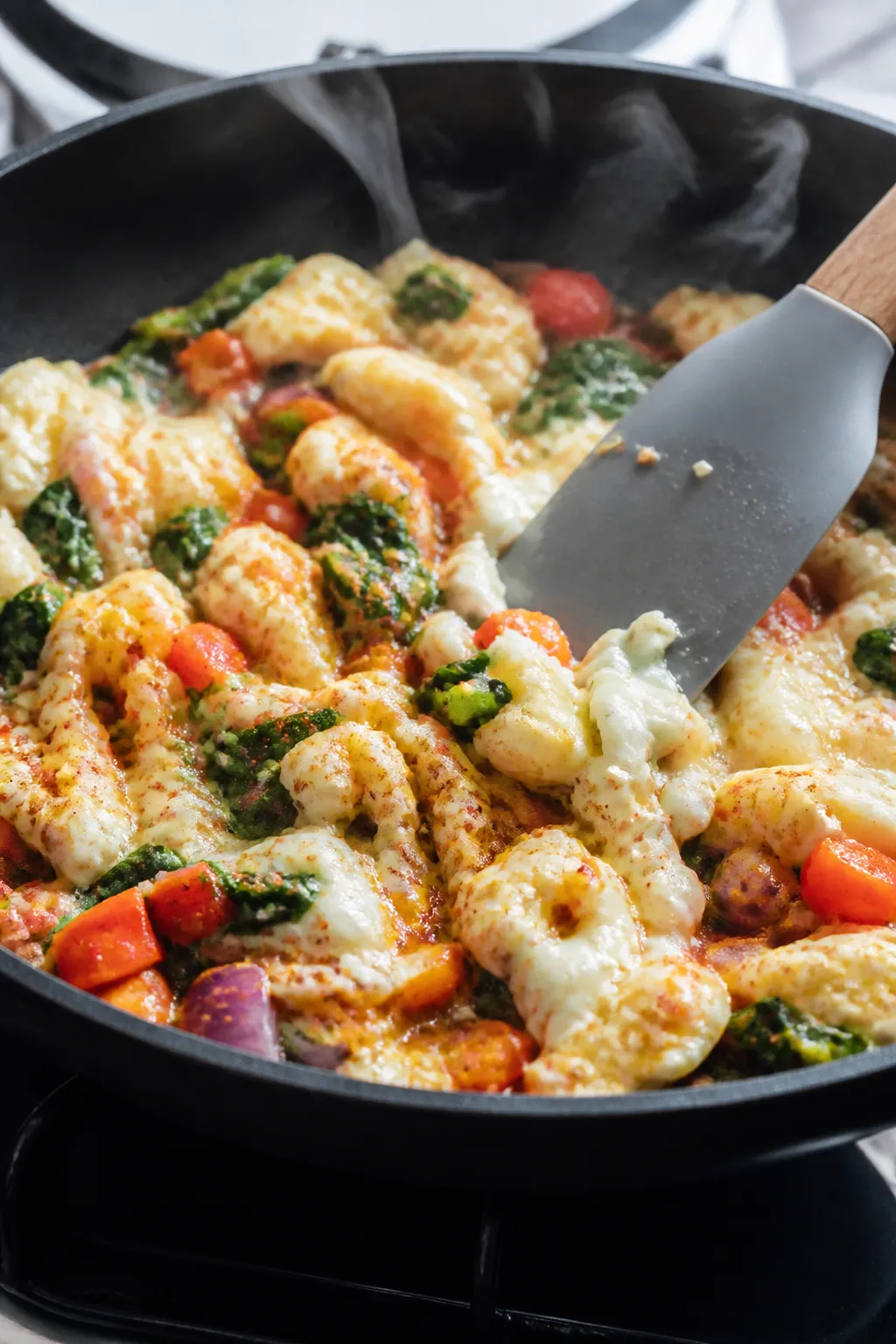 Cooking process, close-up: Soft-scrambled egg whites being gently pushed into glossy curds with a si