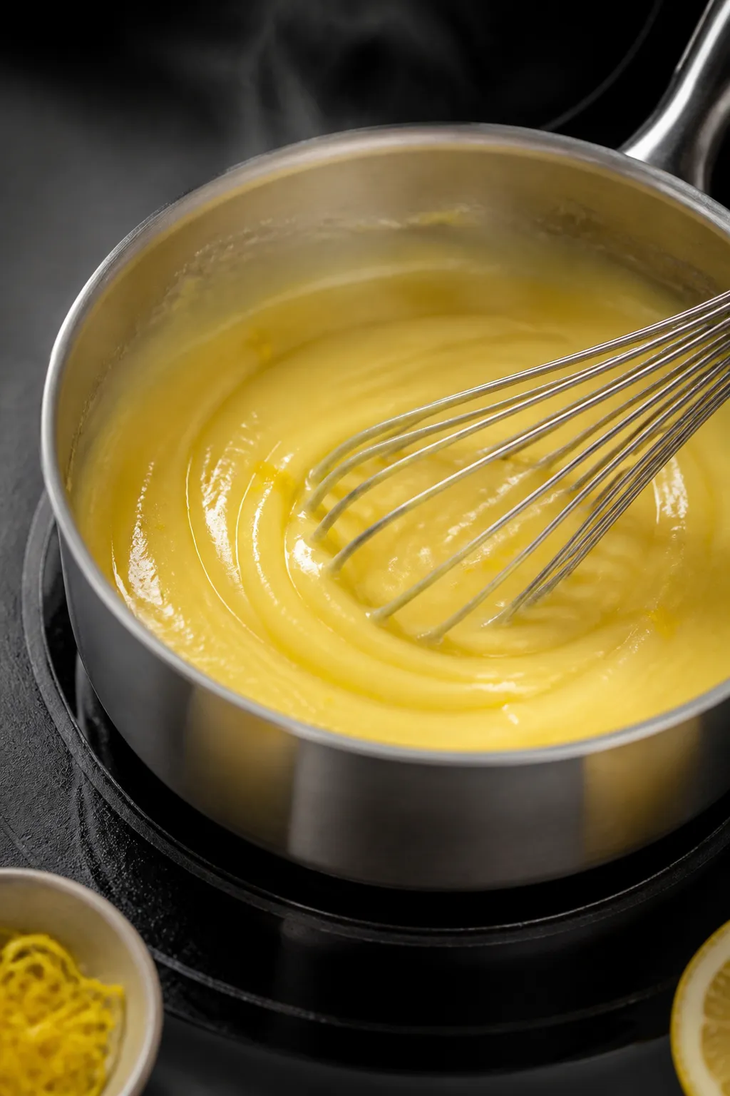 Cooking process — Emulsifying the lemon base: Close-up of a glossy, pale-yellow lemon curd-style m
