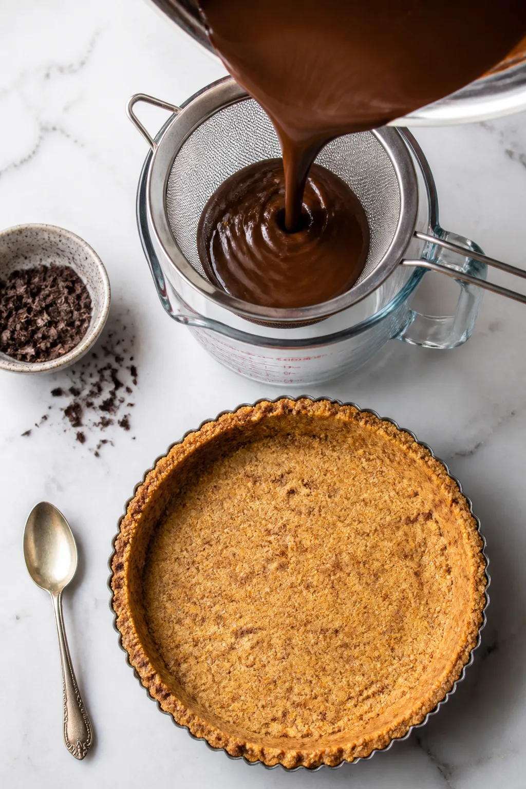 Cooking process shot: smooth, glossy chocolate custard being poured through a fine-mesh sieve into a