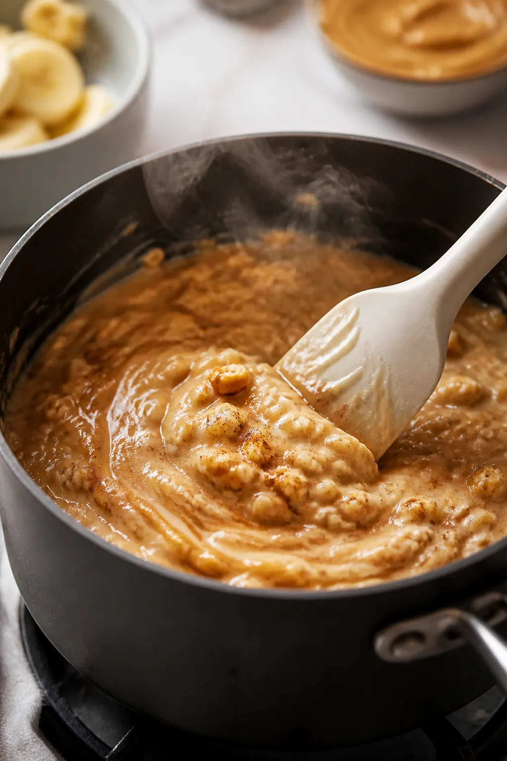Cooking process — stovetop: Close-up of creamy peanut butter banana oats mid-simmer in a small mat