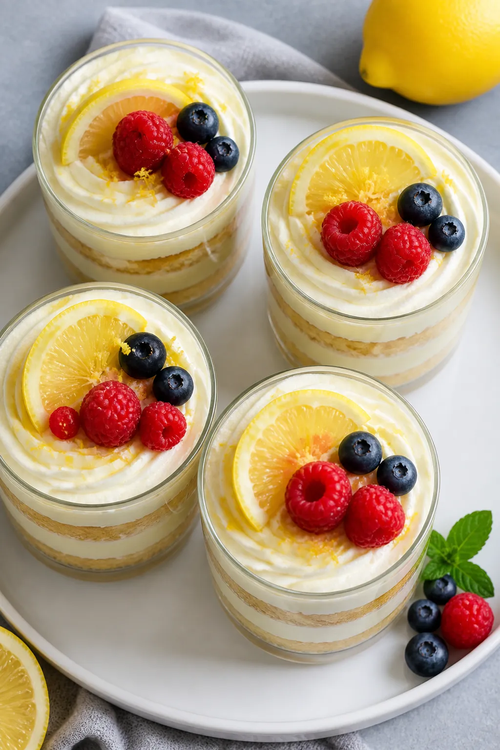 Final dessert top view: Overhead shot of Keto Lemon Tiramisu Cups fully assembled and chilled, showc