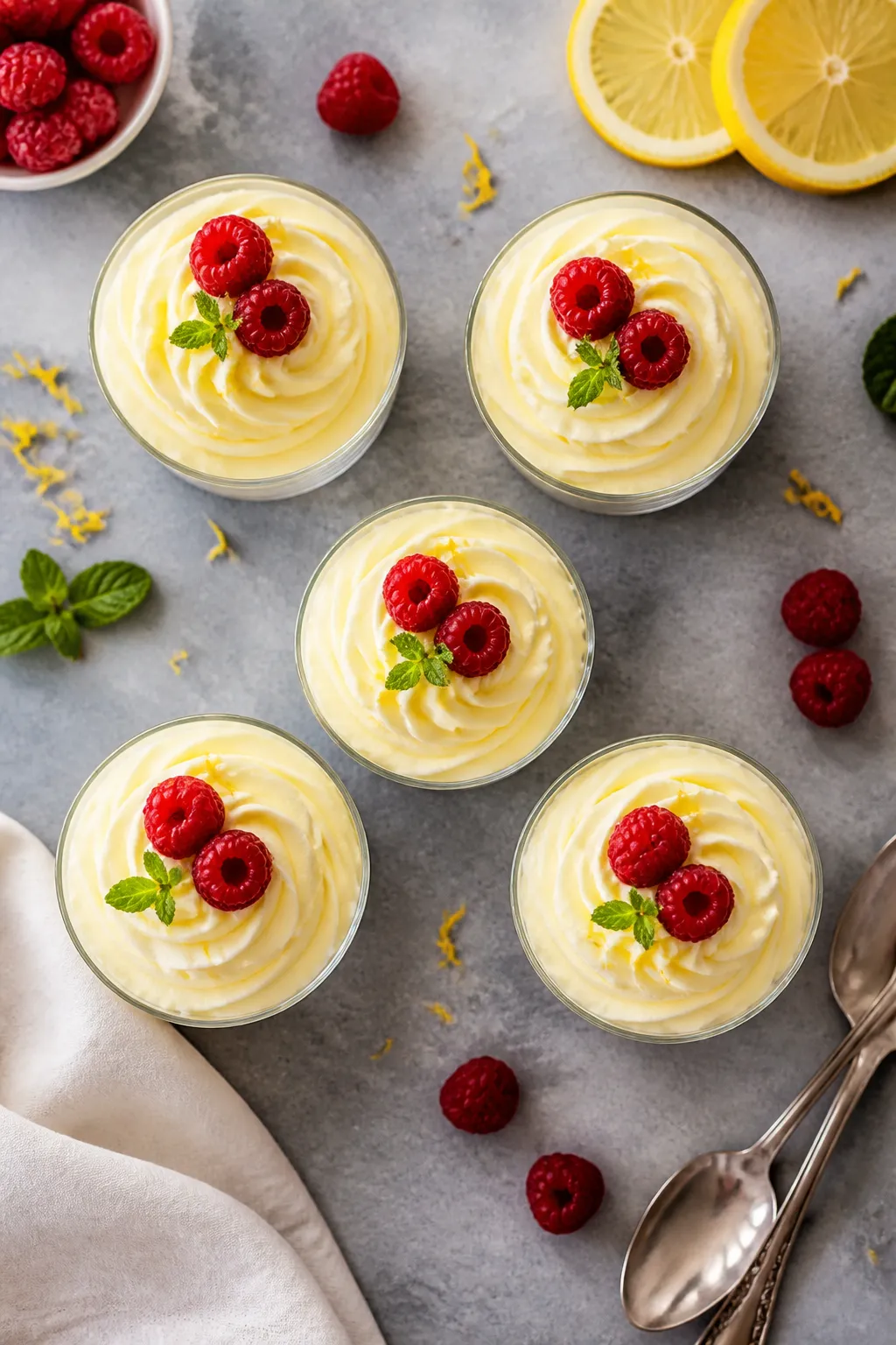 Final dish — Keto Lemon Mousse Cups plated: Overhead shot of 6 small glass cups filled with cloud-