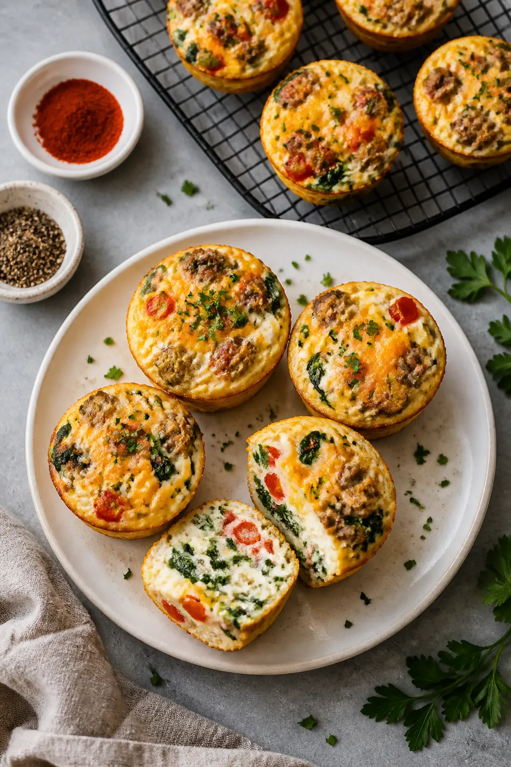 Final dish overhead: A tidy top-down shot of freshly baked egg white turkey sausage muffins on a coo