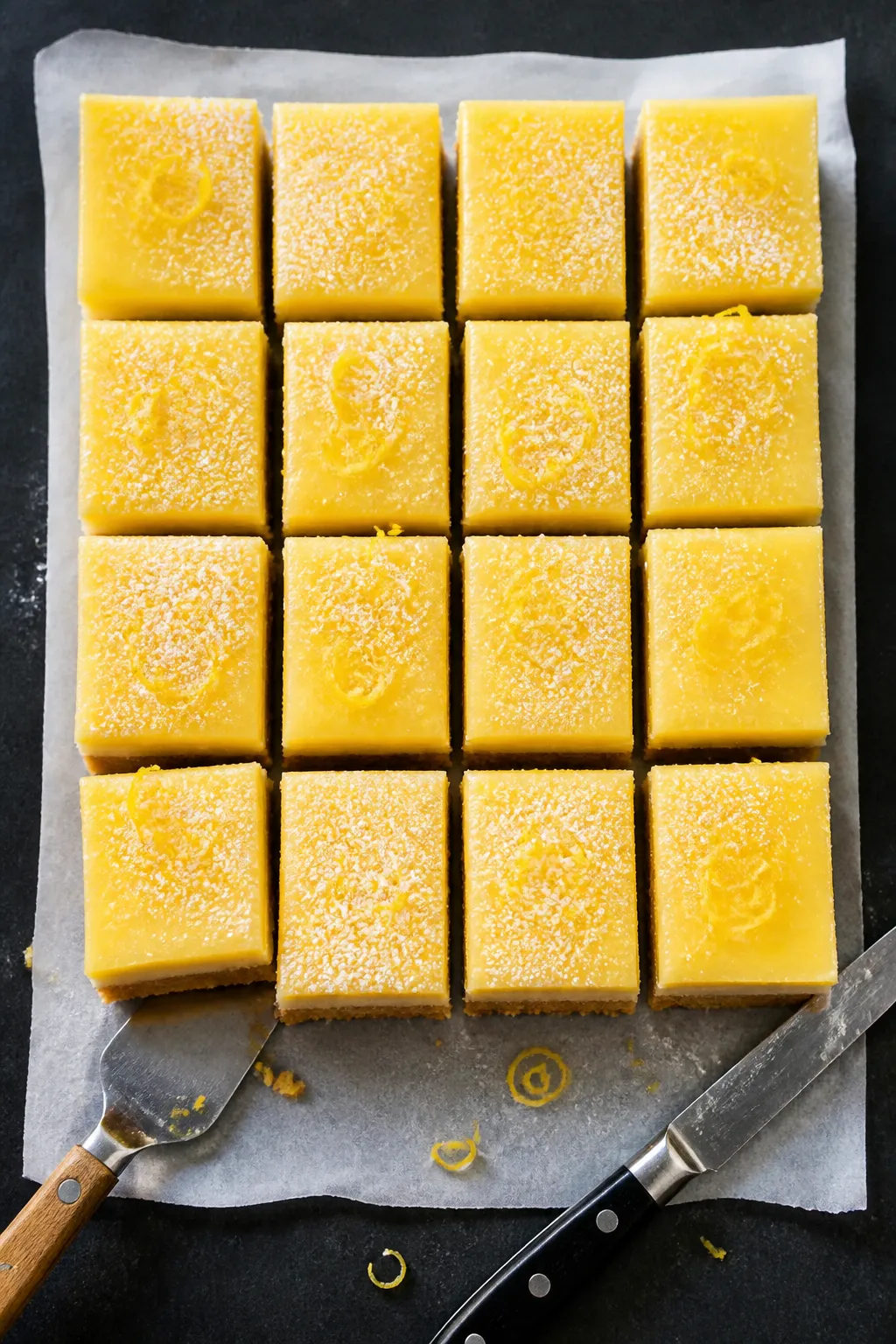 Final dish overhead: Chilled 5-Ingredient Keto Lemon Bars sliced cleanly into 16 neat squares on whi