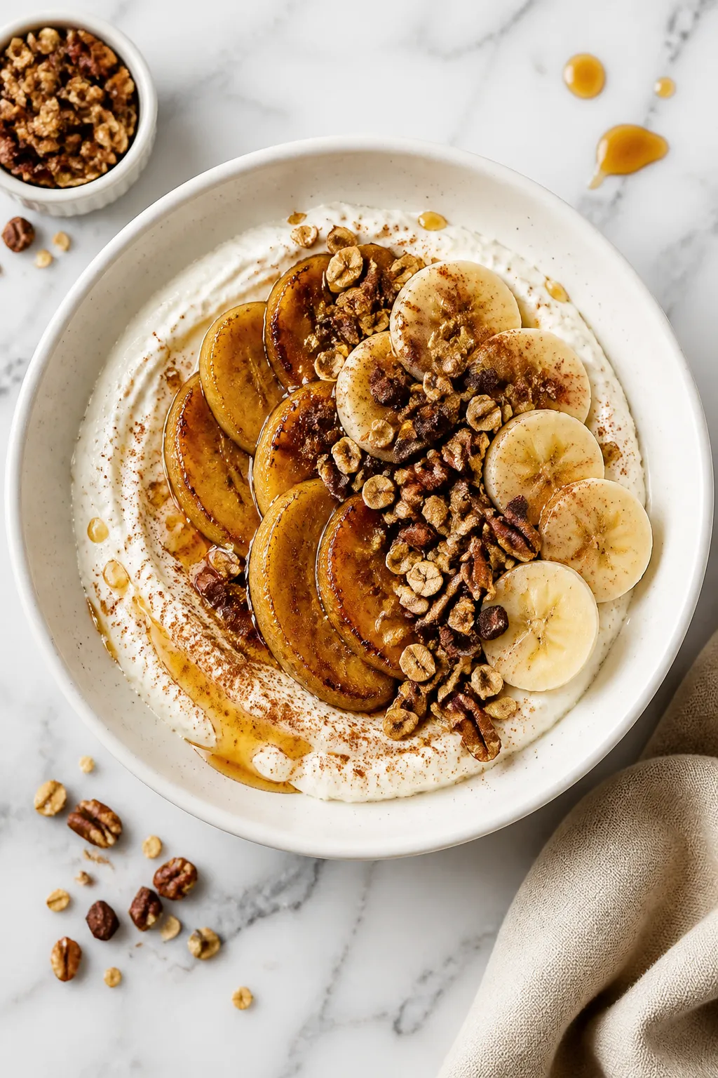 Final dish overhead: Cottage Cheese Banana Bread Breakfast Bowl—silky whipped cottage cheese swirl