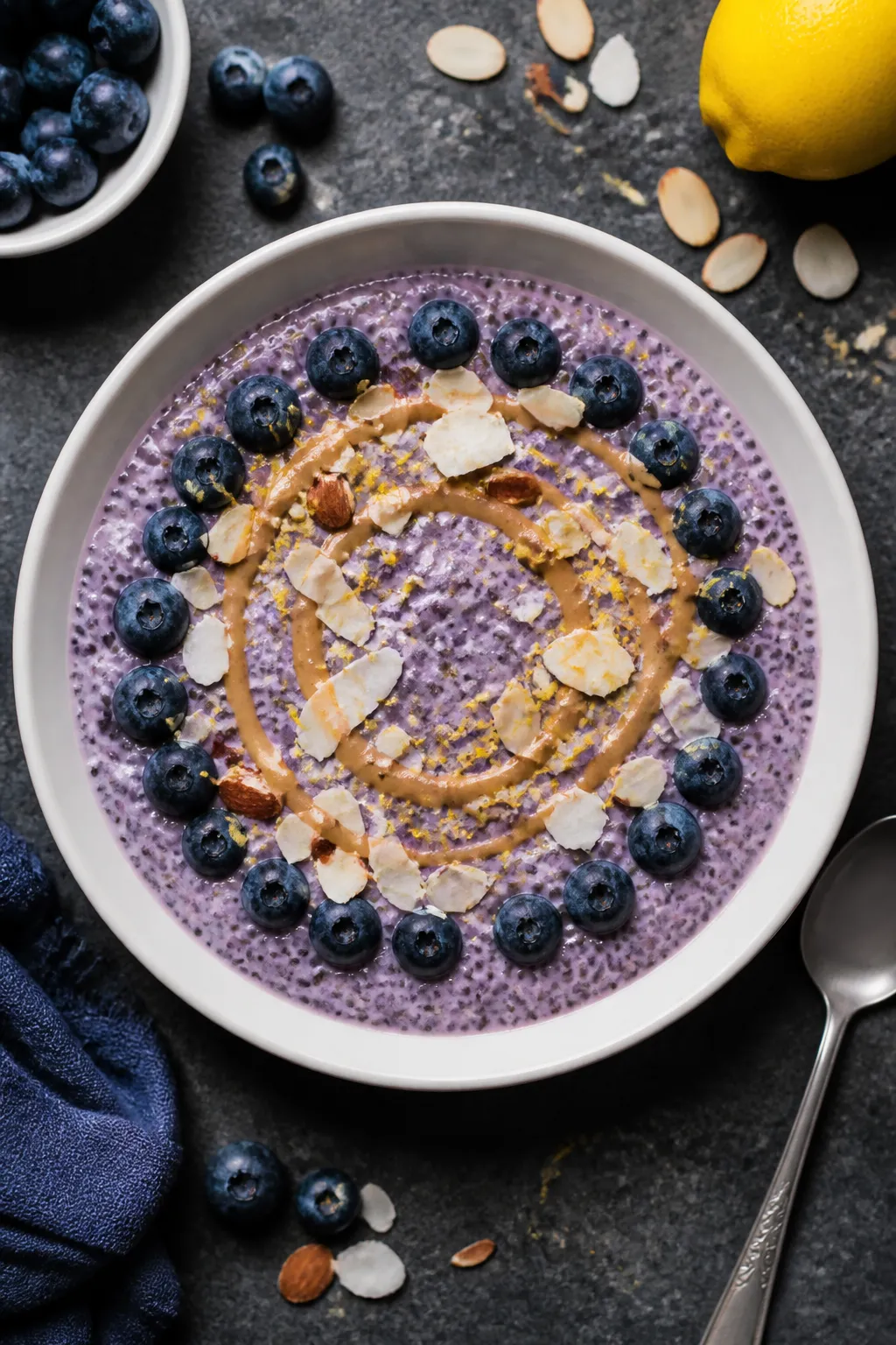 Final dish overhead: Finished High Protein Blueberry Chia Pudding in a low, wide white bowl, top-dow