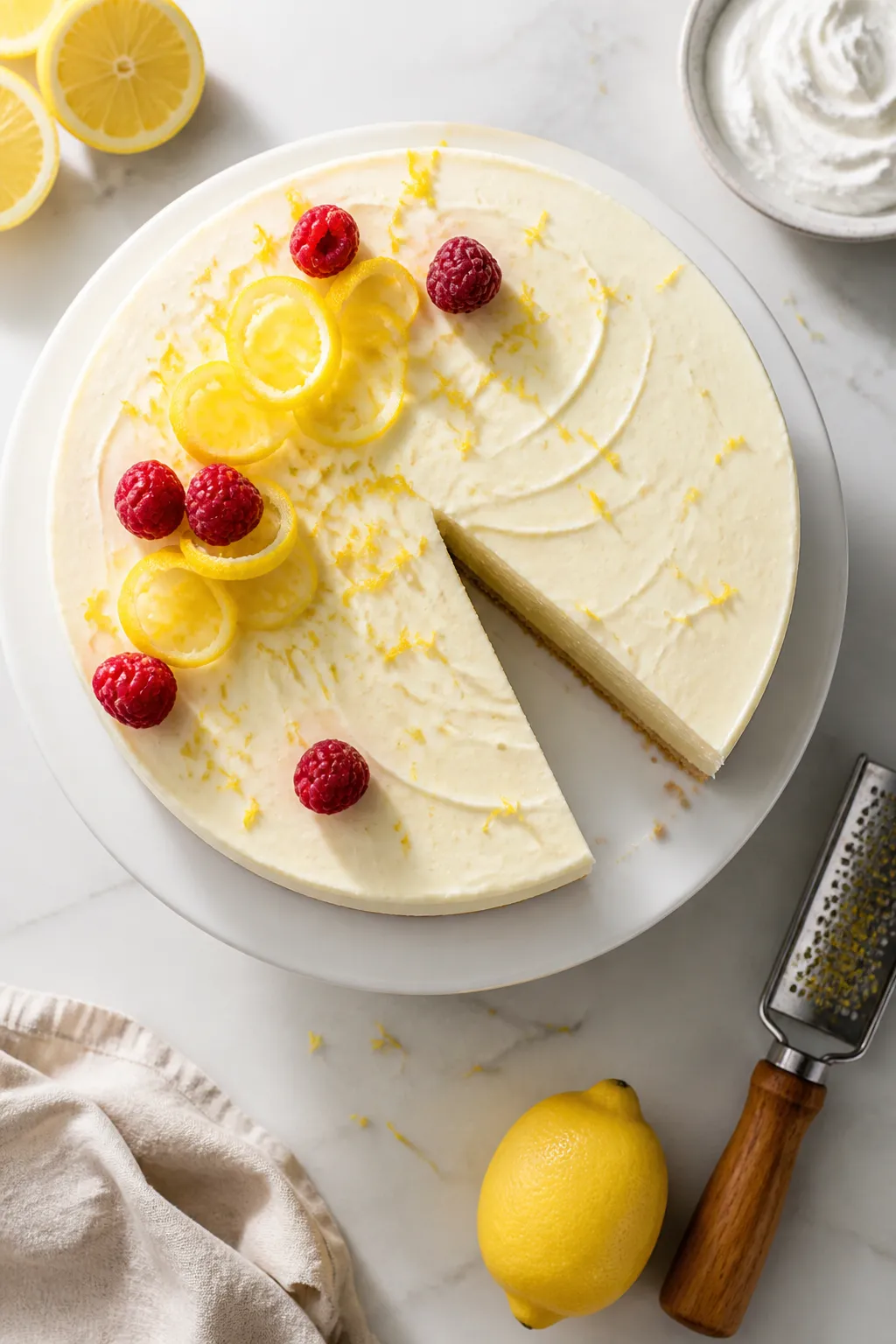 Final dish overhead: Fully set no-bake keto lemon cheesecake on a matte white cake stand, smooth top