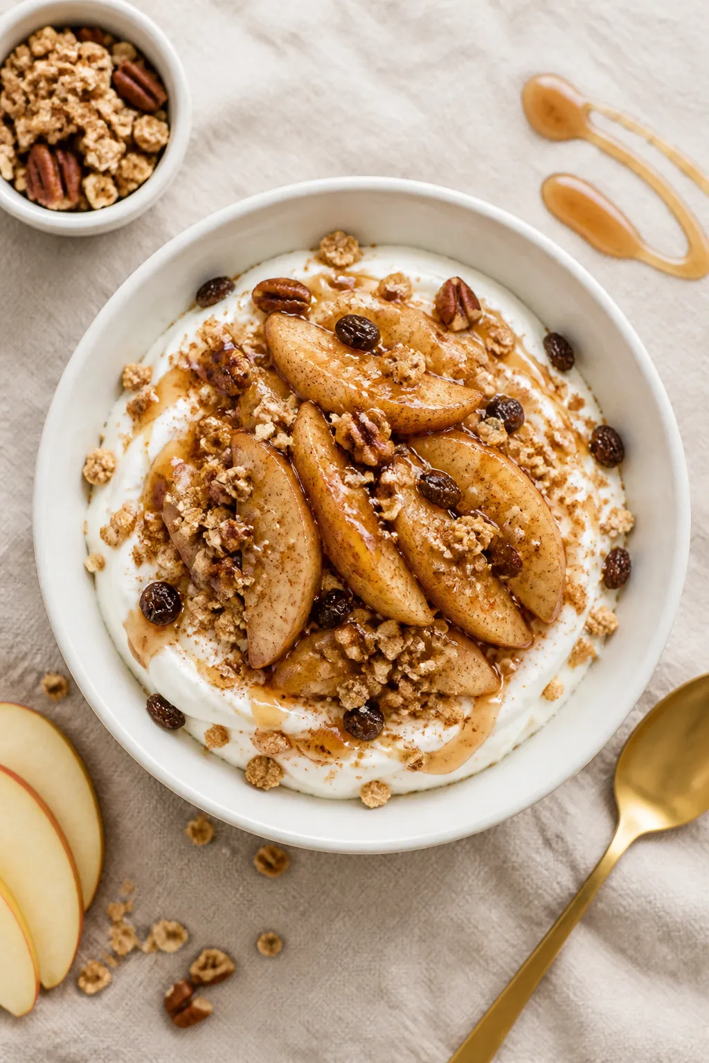 Final dish overhead: Greek Yogurt Apple Pie Bowl assembled in a matte white ceramic bowl—thick, cr
