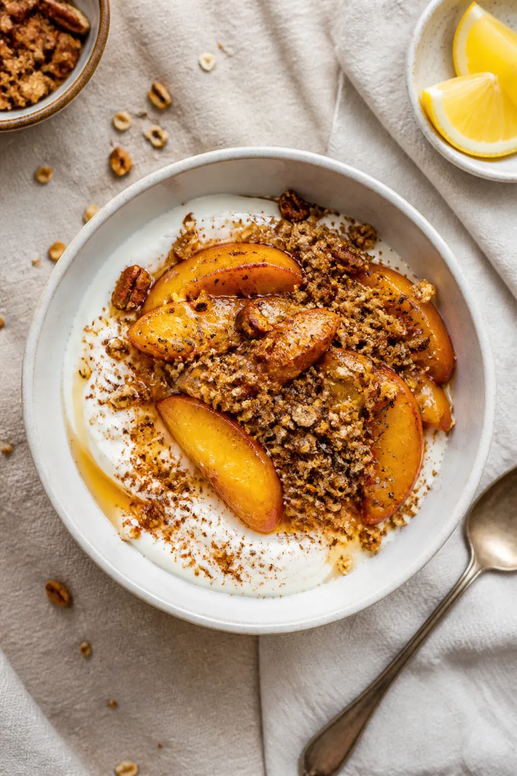 Final dish overhead: High Protein Peach Cobbler Yogurt Bowl assembled in a matte white bowl—thick 
