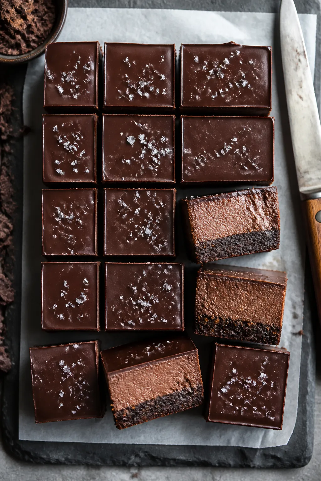 Final dish overhead: Keto Chocolate Cheesecake Bites cut into neat bite-sized squares with a thin, s