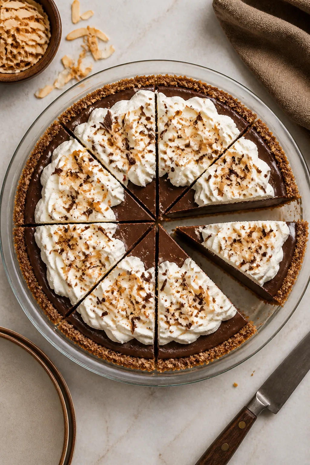 Final dish overhead: Low Carb Chocolate Coconut Cream Pie fully set and sliced cleanly in a 9-inch p