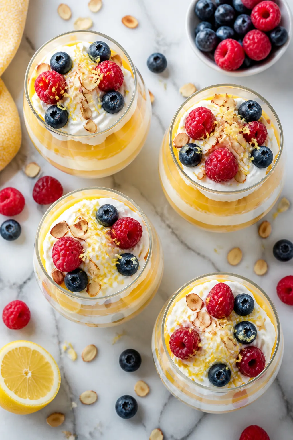 Final dish overhead: Low carb lemon curd parfaits layered in clear stemless wine glasses—vivid lem