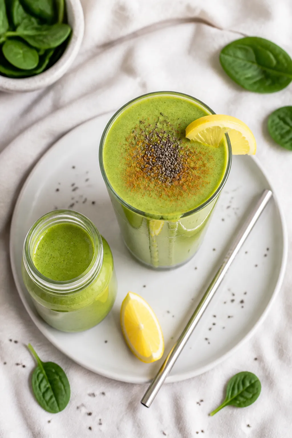 Final dish overhead: Overhead shot of a High Protein Green Smoothie poured into a tall, clear glass 