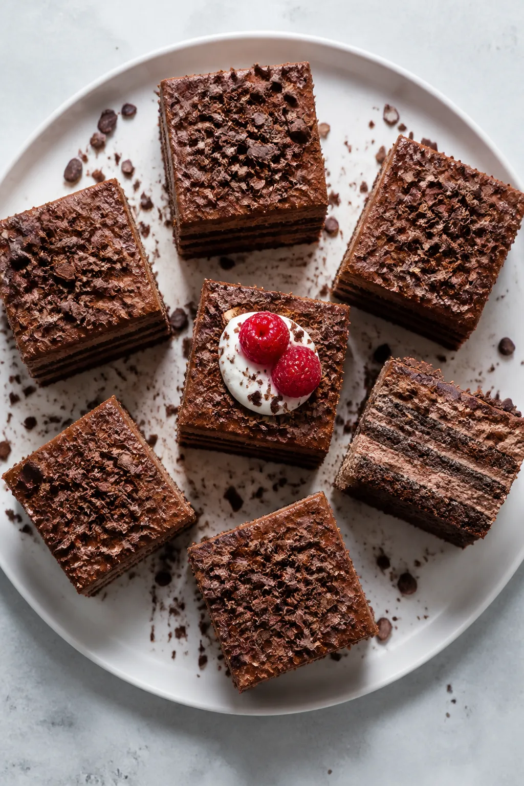 Final dish, overhead: Overhead shot of neatly sliced squares of low carb chocolate icebox cake on a 
