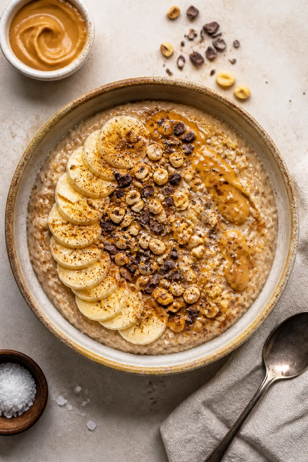 Final dish — overhead plated: Tasty top-down shot of High Protein Peanut Butter Banana Oats in a w