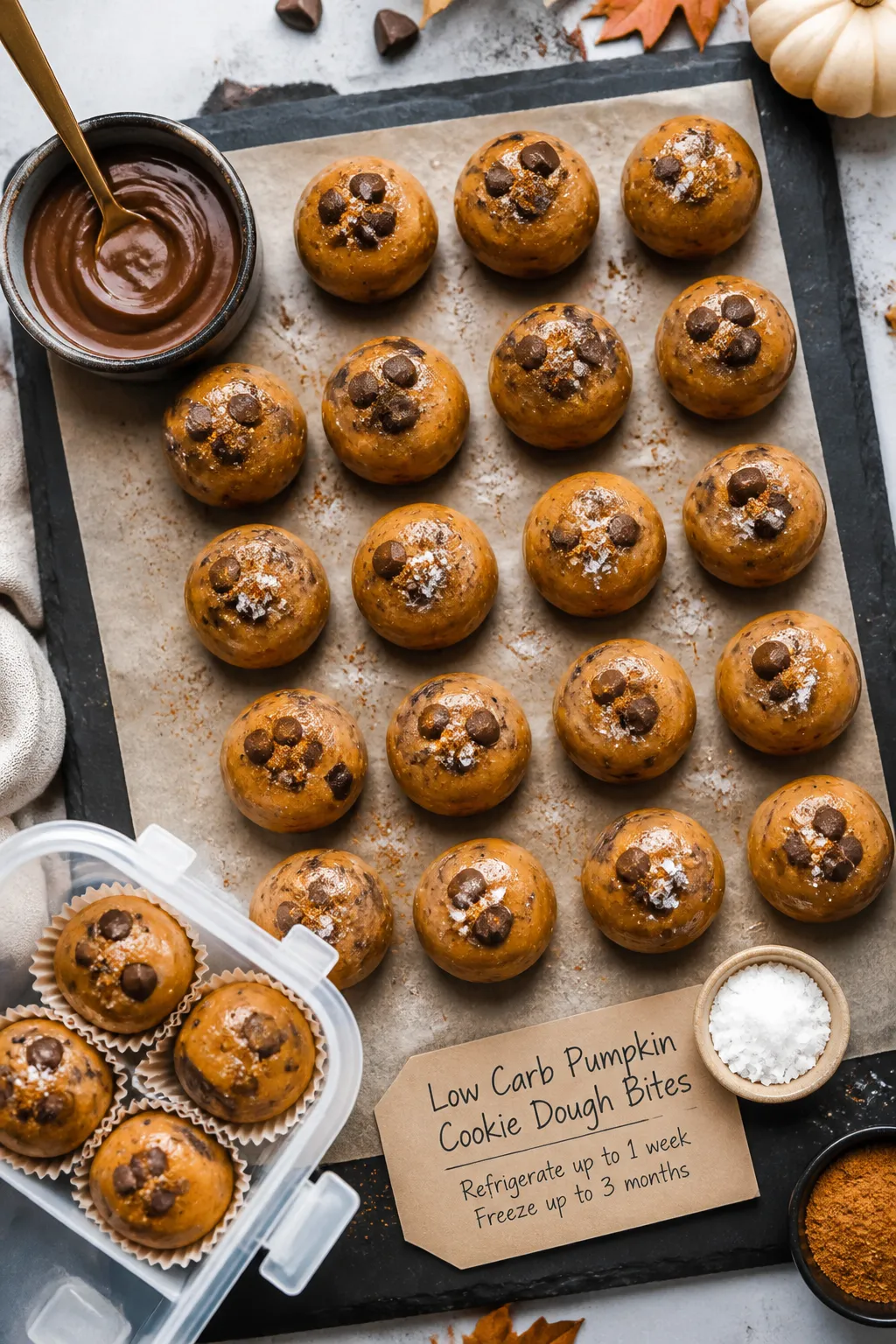 Final dish, overhead presentation: Top-down shot of finished Low Carb Pumpkin Cookie Dough Bites arr