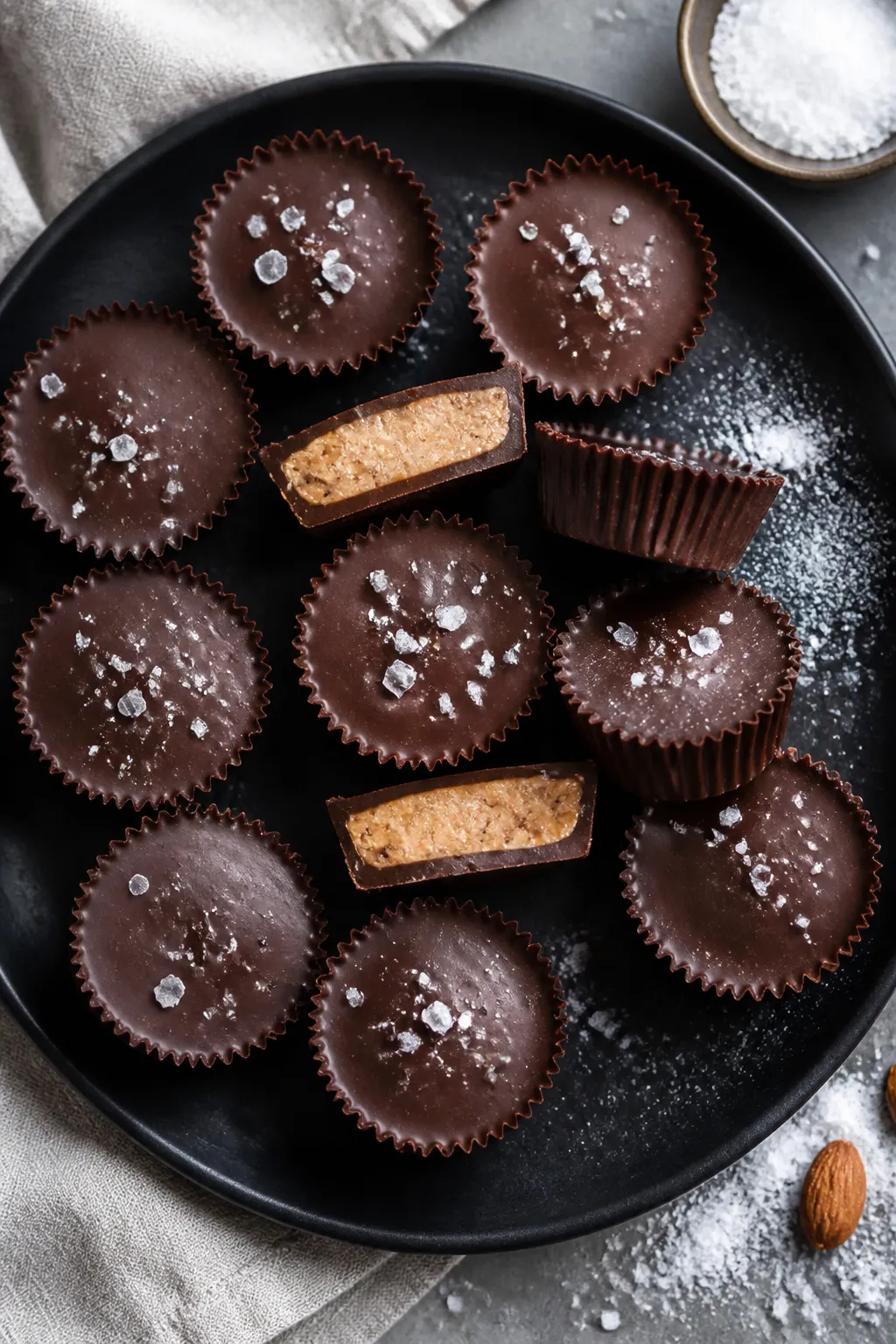 Final dish overhead shot: of finished keto chocolate almond butter cups on a matte black platter, so